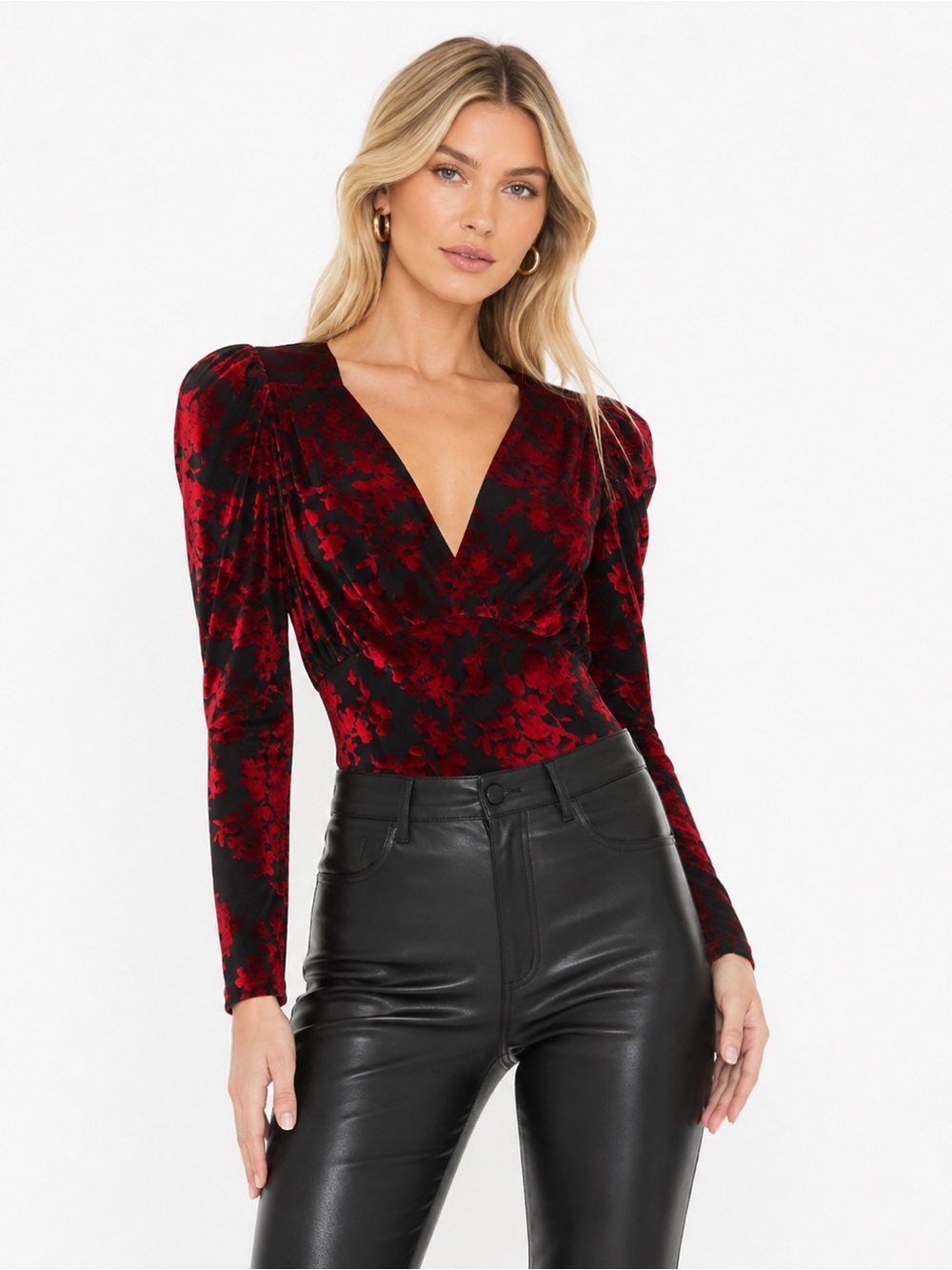 Dear John Red Black Velvet Floral Puff Sleeve Bodysuit Size M